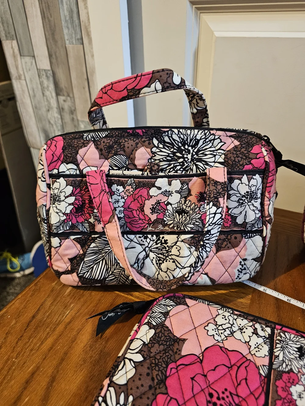 Vera Bradley Pink Black Floral Quilted Cosmetic Tote